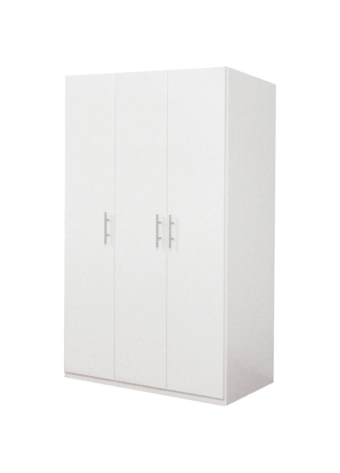 Guardaroba 0, Armadio moderno ad ante battenti, Mobile lineare da camera con tubo appendiabiti e ripiani, color Bianco opaco, Cm 135x55h202, 3 Ante