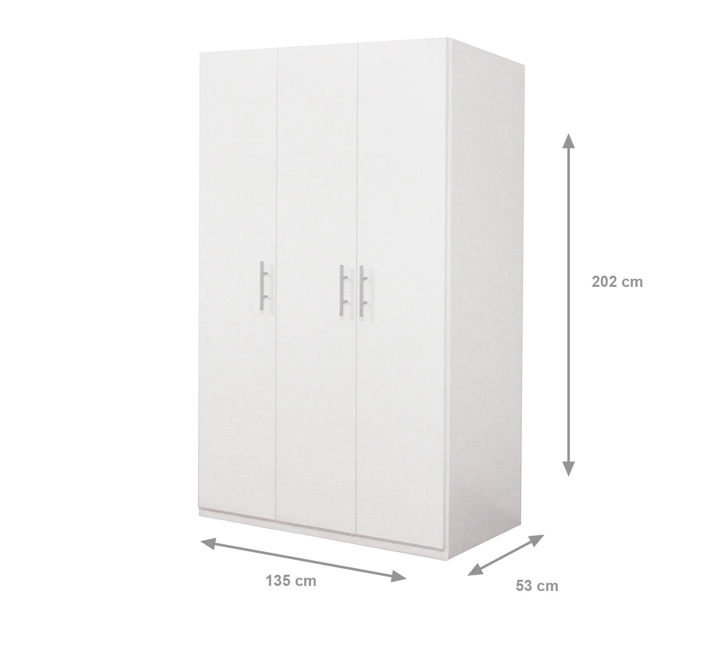 Guardaroba 0, Armadio moderno ad ante battenti, Mobile lineare da camera con tubo appendiabiti e ripiani, color Bianco opaco, Cm 135x55h202, 3 Ante