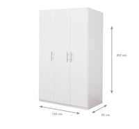 Guardaroba 0, Armadio moderno ad ante battenti, Mobile lineare da camera con tubo appendiabiti e ripiani, color Bianco opaco, Cm 135x55h202, 3 Ante