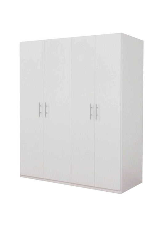 Guardaroba 0, Armadio moderno ad ante battenti, Mobile lineare da camera con tubo appendiabiti e ripiani, color Bianco opaco, Cm 181x55h202, 4 Ante