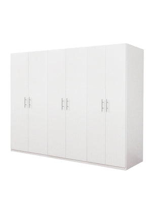 Guardaroba 0, Armadio moderno ad ante battenti, Mobile lineare da camera con tubo appendiabiti e ripiani, color Bianco opaco, Cm 170x55h202, 6 Ante