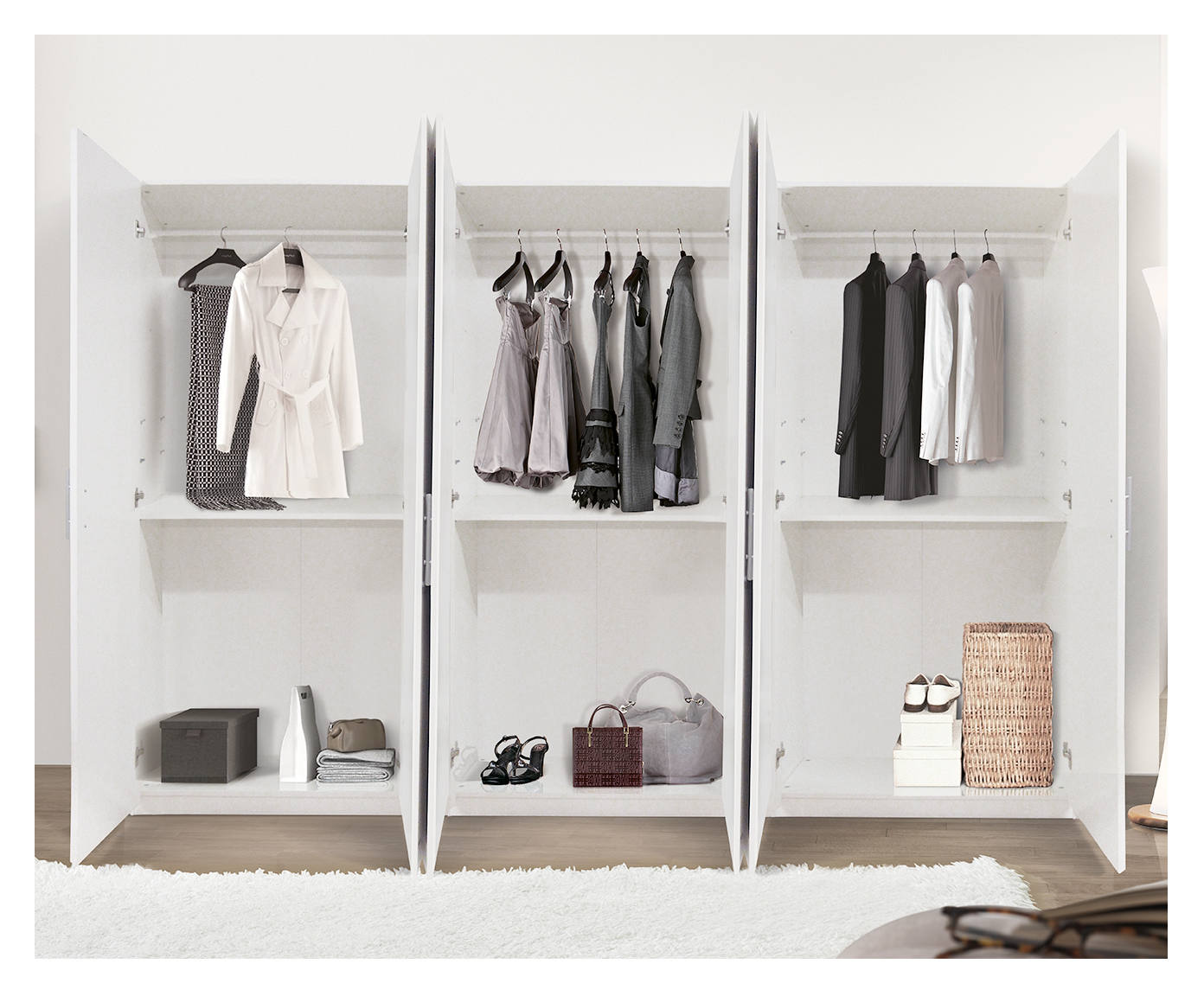 Guardaroba 0, Armadio moderno ad ante battenti, Mobile lineare da camera con tubo appendiabiti e ripiani, color Bianco opaco, Cm 170x55h202, 6 Ante