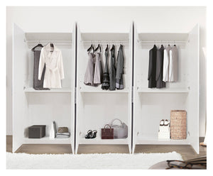 Guardaroba 0, Armadio moderno ad ante battenti, Mobile lineare da camera con tubo appendiabiti e ripiani, color Bianco opaco, Cm 170x55h202, 6 Ante