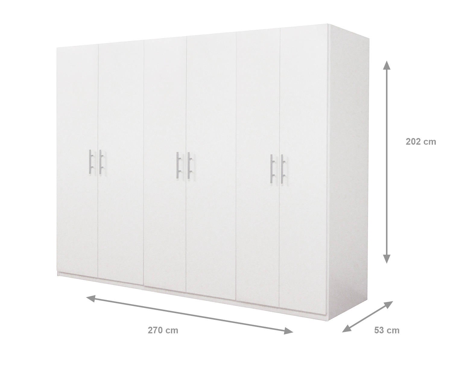 Guardaroba 0, Armadio moderno ad ante battenti, Mobile lineare da camera con tubo appendiabiti e ripiani, color Bianco opaco, Cm 170x55h202, 6 Ante
