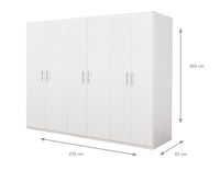 Guardaroba 0, Armadio moderno ad ante battenti, Mobile lineare da camera con tubo appendiabiti e ripiani, color Bianco opaco, Cm 170x55h202, 6 Ante