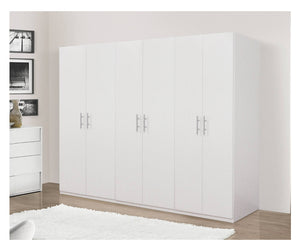 Guardaroba 0, Armadio moderno ad ante battenti, Mobile lineare da camera con tubo appendiabiti e ripiani, color Bianco opaco, Cm 170x55h202, 6 Ante