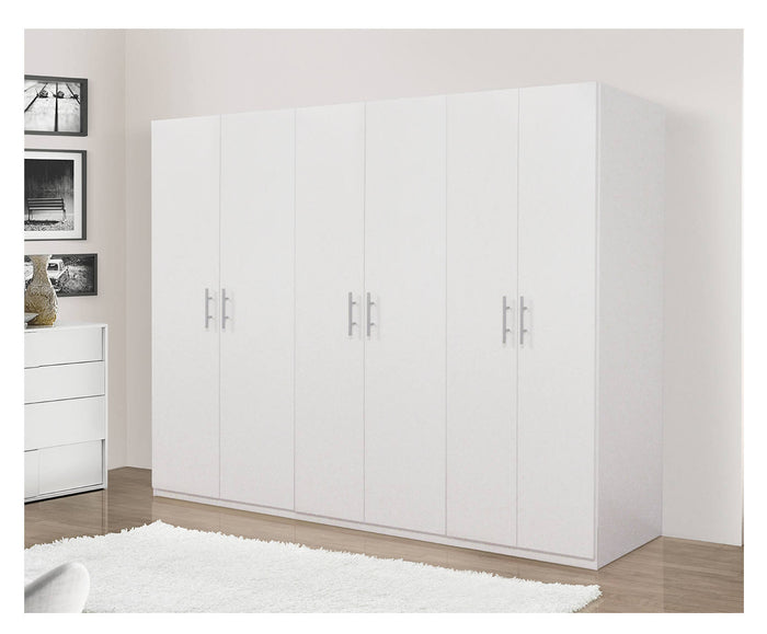 Guardaroba 0, Armadio moderno ad ante battenti, Mobile lineare da camera con tubo appendiabiti e ripiani, color Bianco opaco, Cm 170x55h202, 6 Ante