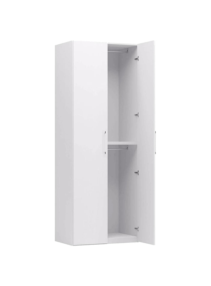 Guardaroba -, Armadio moderno ad ante battenti, Mobile lineare da camera con tubo appendiabiti e ripiani, color Biano frassinato, Cm 91x58h247, 2 Ante