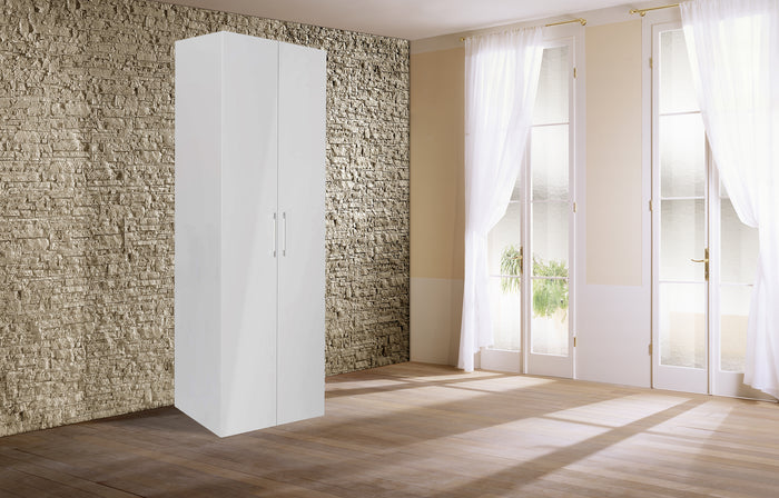 Guardaroba -, Armadio moderno ad ante battenti, Mobile lineare da camera con tubo appendiabiti e ripiani, color Biano frassinato, Cm 91x58h247, 2 Ante