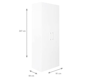 Guardaroba -, Armadio moderno ad ante battenti, Mobile lineare da camera con tubo appendiabiti e ripiani, color Biano frassinato, Cm 91x58h247, 2 Ante