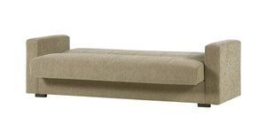 Divano letto Ambrogino, Divano letto contenitore lineare a 3 posti, SofÒ  da soggiorno in tessuto imbottito con apertura click-clack, Cm 212x80h87, Blu