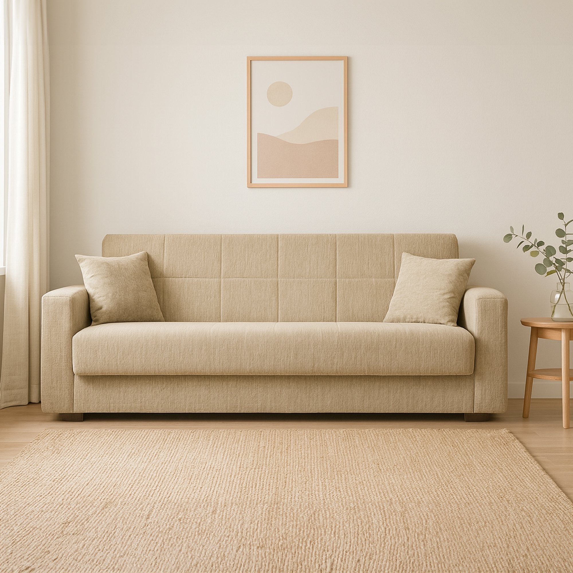 Divano letto Ambrogino, Divano letto contenitore lineare a 3 posti, SofÒ  da soggiorno in tessuto imbottito con apertura click-clack, Cm 212x80h87, Blu