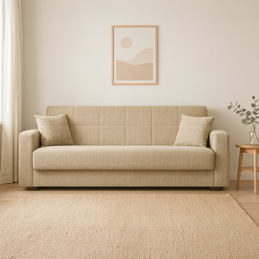 Divano letto Ambrogino, Divano letto contenitore lineare a 3 posti, SofÒ  da soggiorno in tessuto imbottito con apertura click-clack, Cm 212x80h87, Blu