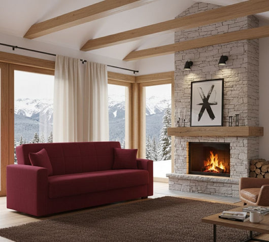 Divano letto Ambrogino, Divano letto contenitore lineare a 3 posti, SofÒ  da soggiorno in tessuto imbottito con apertura click-clack, Cm 212x80h87, Rosso