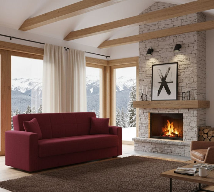 Divano letto Ambrogino, Divano letto contenitore lineare a 3 posti, SofÒ  da soggiorno in tessuto imbottito con apertura click-clack, Cm 212x80h87, Rosso