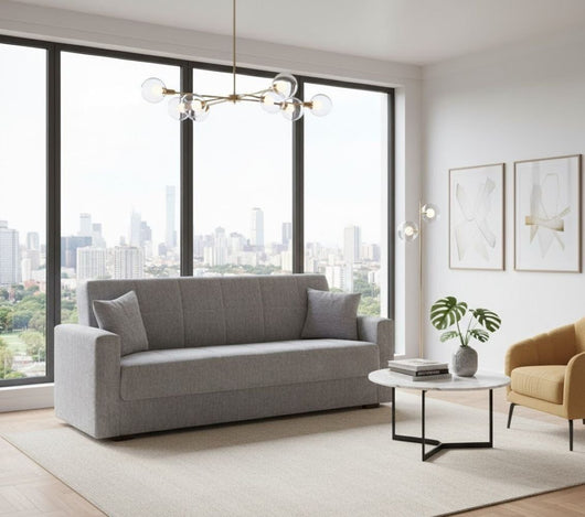 Divano letto Ambrogino, Divano letto contenitore lineare a 3 posti, SofÒ  da soggiorno in tessuto imbottito con apertura click-clack, Cm 212x80h87, Grigio