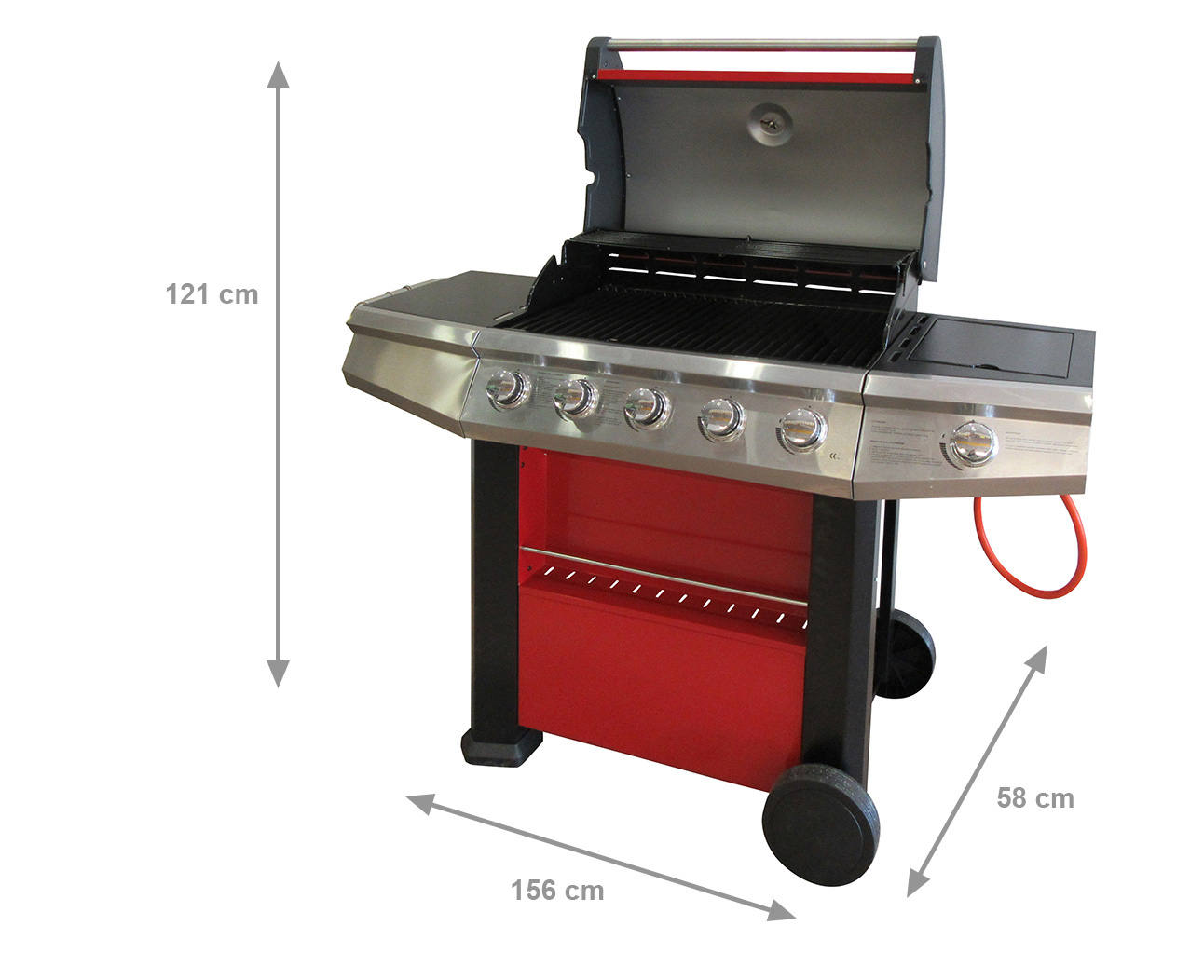 Barbecue gas 4 bruciatori + 1 laterale, colore rosso, cm 156 x 58 x h121