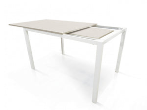 Tavolo allungabile 0, Tavolo da pranzo estensibile, Consolle multiuso con allunghe, Tavolo in metallo con ripiano in laminato, Cm 110x70h76, Bianco frassinato