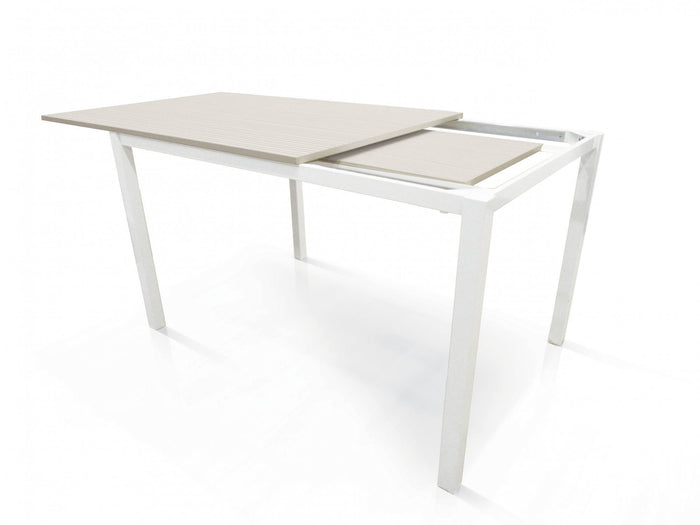 Tavolo allungabile 0, Tavolo da pranzo estensibile, Consolle multiuso con allunghe, Tavolo in metallo con ripiano in laminato, Cm 110x70h76, Bianco frassinato