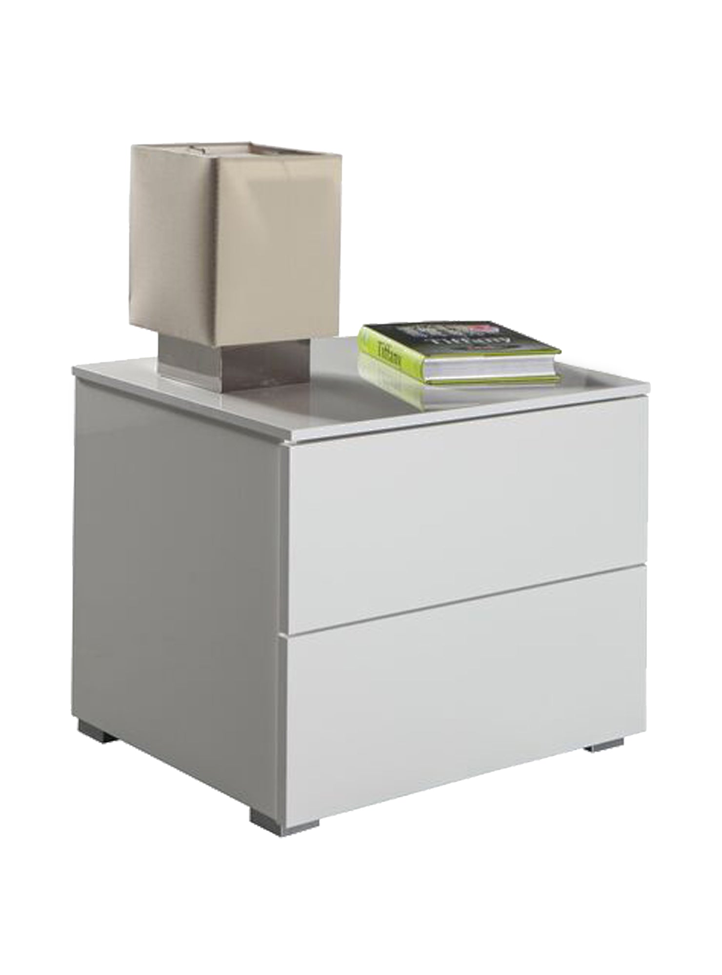 Comodino 0, Tavolino da notte a due cassetti, Mobiletto lineare, Cm 55x44h44, Bianco Lucido