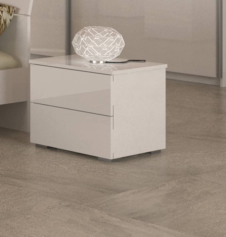 Comodino 0, Tavolino da notte a due cassetti, Mobiletto lineare, Cm 55x44h44, Bianco Lucido