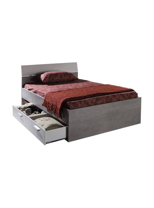 Letto piazza e mezza 0, con cassettoni e vano a vista , Letto moderno in laminato, adatto per materasso 120x200 Cm, Cemento e Bianco laccato