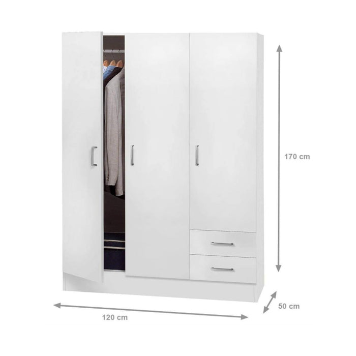 Guardaroba Anci, Armadio moderno a 3 ante battenti 2 cassetti, Mobile lineare da camera con tubo appendiabiti , Cm 120x50h170, Bianco