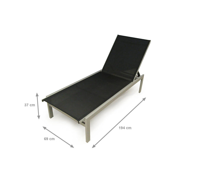 Lettino sole in alluminio e textilene, colore nero, Misure 69 x 37 x 194 cm