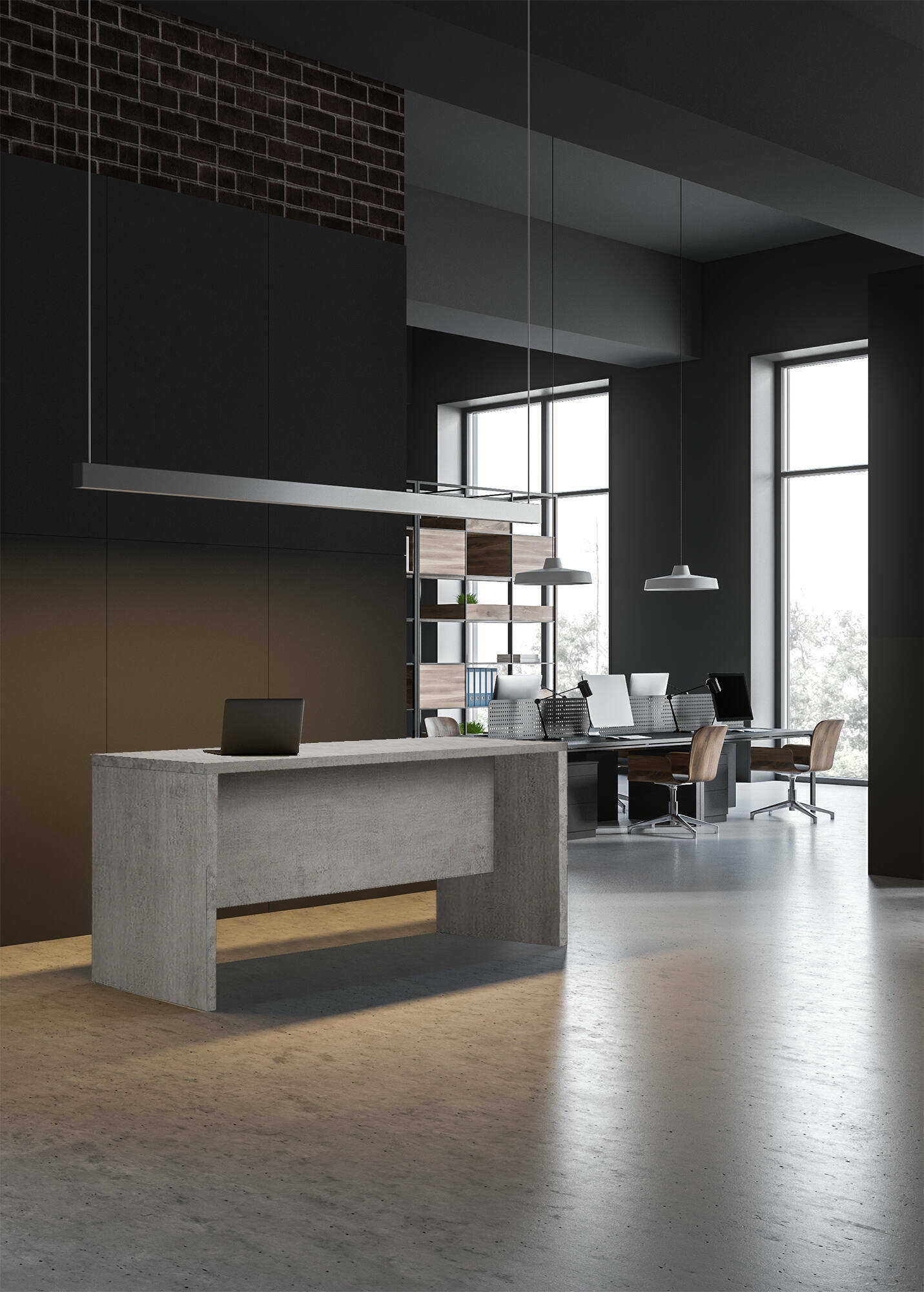 Scrivania 0, Scrittoio consolle moderno, Tavolo da studio o ufficio porta PC portalibri, Grigio Cemento, Cm180x69h74