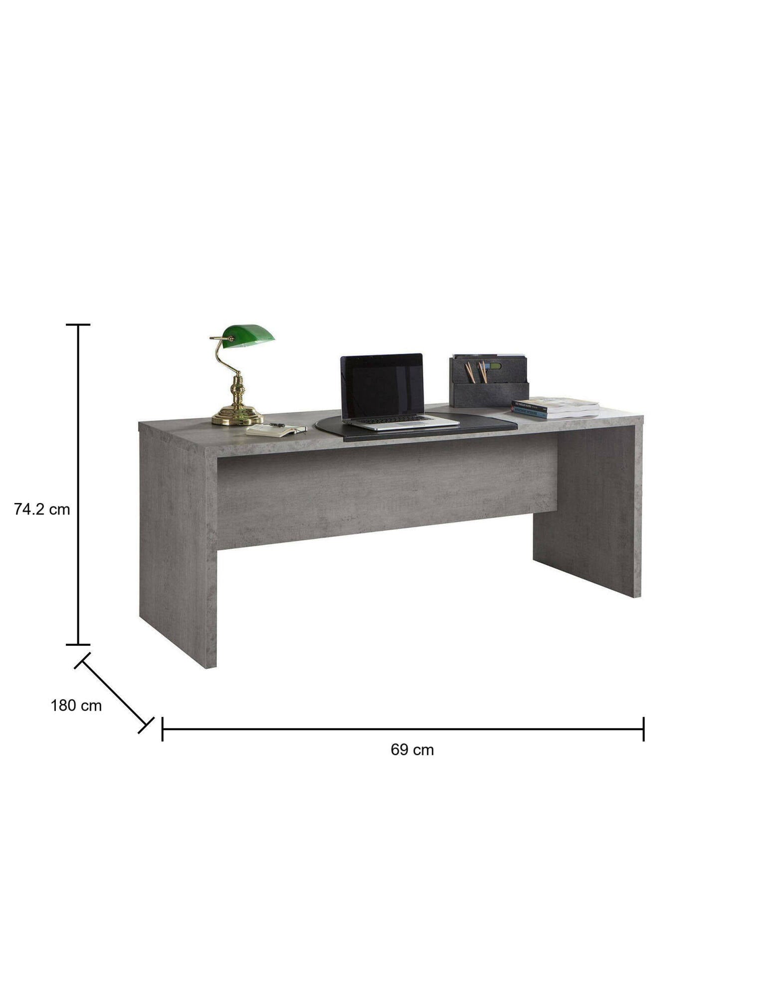 Scrivania 0, Scrittoio consolle moderno, Tavolo da studio o ufficio porta PC portalibri, Grigio Cemento, Cm180x69h74