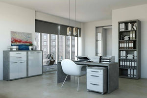 Scrivania 0, Scrittoio consolle moderno, Tavolo da studio o ufficio porta PC portalibri, Grigio Cemento, Cm180x69h74