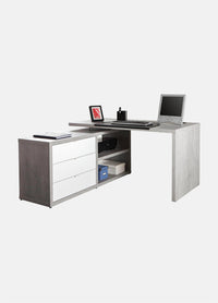 Scrivania 0, Scrittoio angolare con cassetti e vani a giorno, Tavolo da studio o ufficio porta PC portalibri, Cm 140x150h74, Bianco Lucido e Cemento