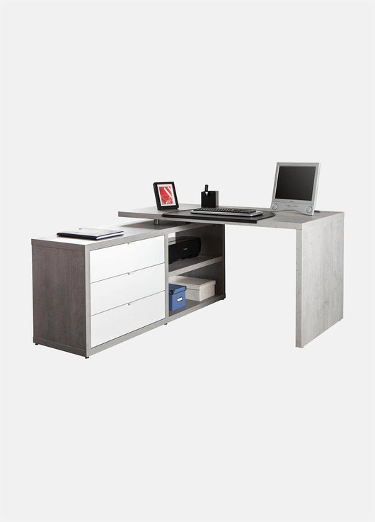 Scrivania 0, Scrittoio angolare con cassetti e vani a giorno, Tavolo da studio o ufficio porta PC portalibri, Cm 140x150h74, Bianco Lucido e Cemento