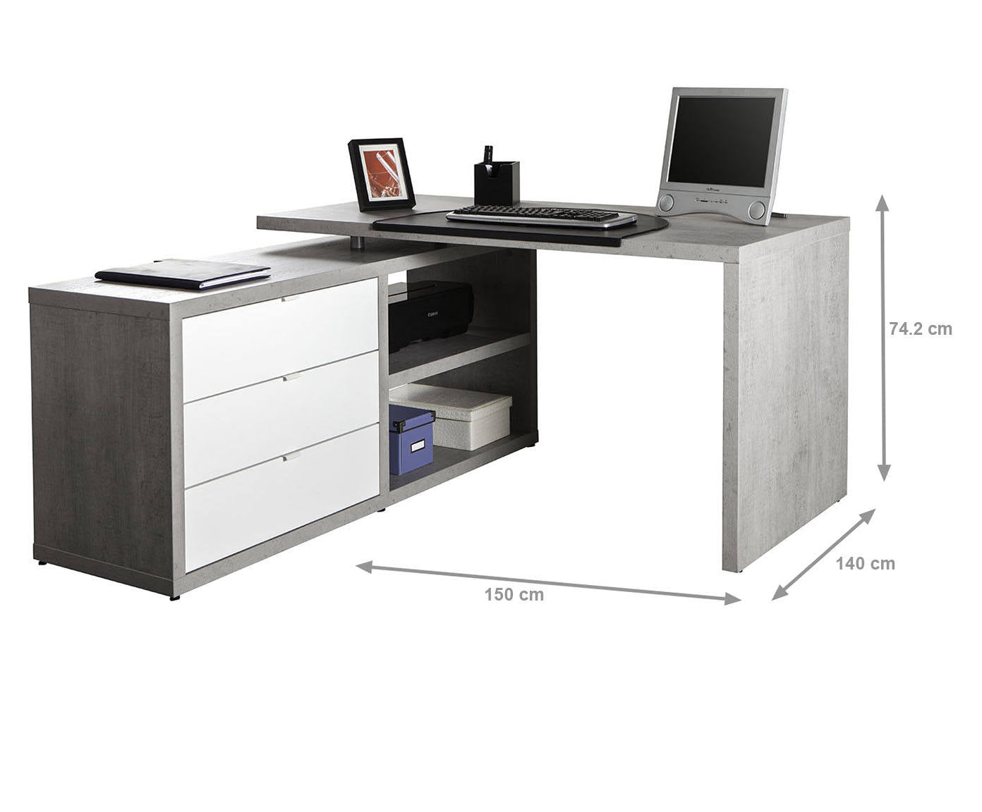 Scrivania 0, Scrittoio angolare con cassetti e vani a giorno, Tavolo da studio o ufficio porta PC portalibri, Cm 140x150h74, Bianco Lucido e Cemento