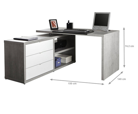 Scrivania 0, Scrittoio angolare con cassetti e vani a giorno, Tavolo da studio o ufficio porta PC portalibri, Cm 140x150h74, Bianco Lucido e Cemento