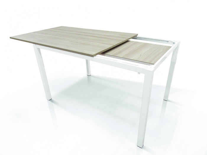 Tavolo allungabile 0, Tavolo da pranzo estensibile, Consolle multiuso con allunghe, Tavolo in metallo con ripiano in laminato, Cm 130x85h76, Bianco e Olmo