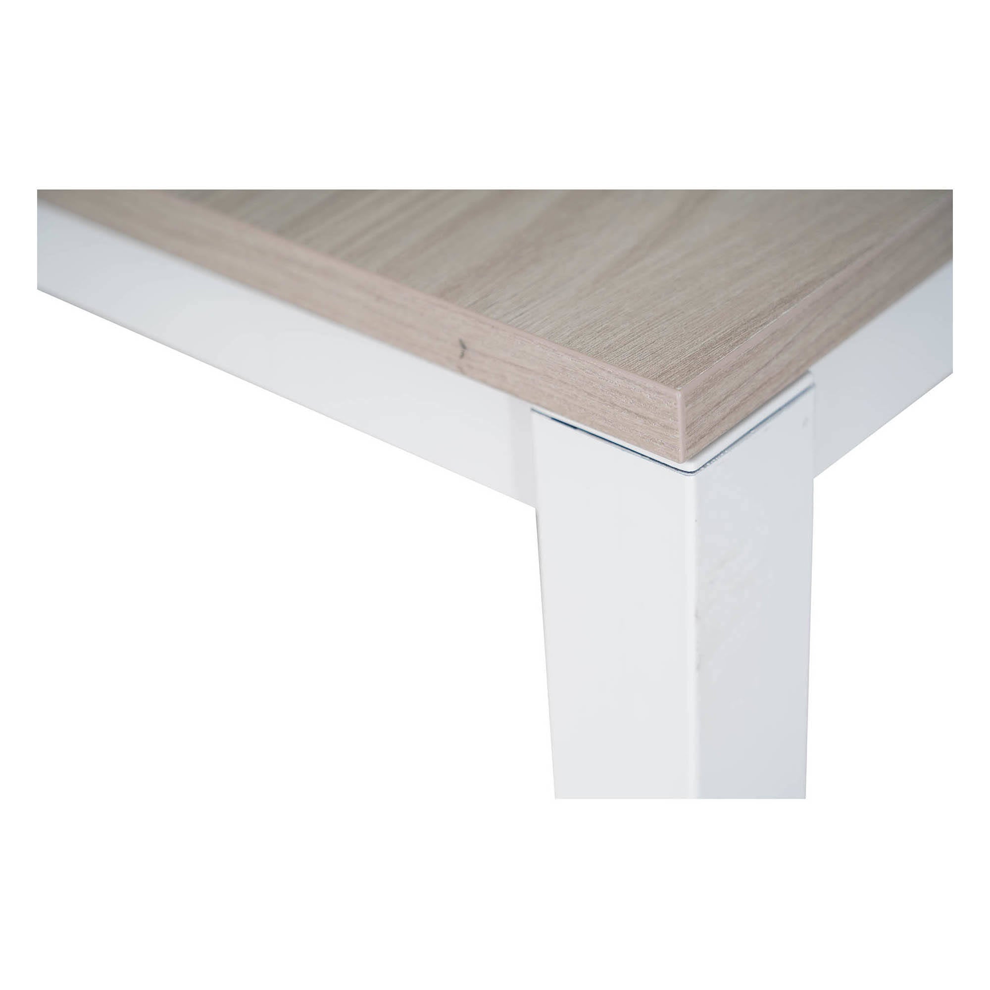 Tavolo allungabile 0, Tavolo da pranzo estensibile, Consolle multiuso con allunghe, Tavolo in metallo con ripiano in laminato, Cm 130x85h76, Bianco e Olmo