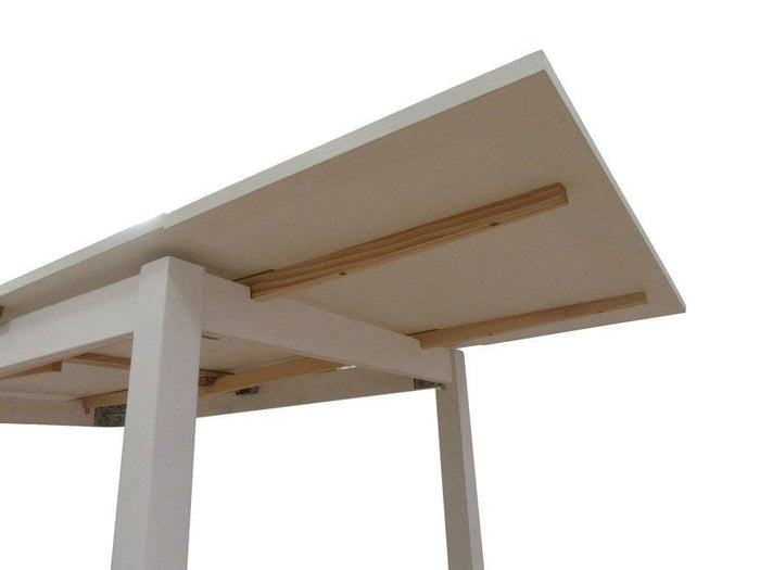 Tavolo allungabile 0, Tavolo da pranzo estensibile, Consolle multiuso con allunghe, Bianco frassinato, Cm 130x80h76