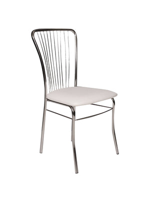 Sedia 0, Sedia moderna con fondello in ecopelle, struttura in metallo cromato, Ideale per sala da pranzo, cucina o salotto, Cm 54x45h95, Bianco