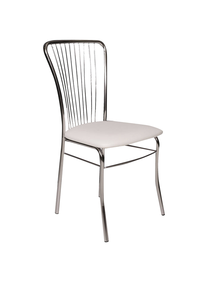 Sedia 0, Sedia moderna con fondello in ecopelle, struttura in metallo cromato, Ideale per sala da pranzo, cucina o salotto, Cm 54x45h95, Bianco