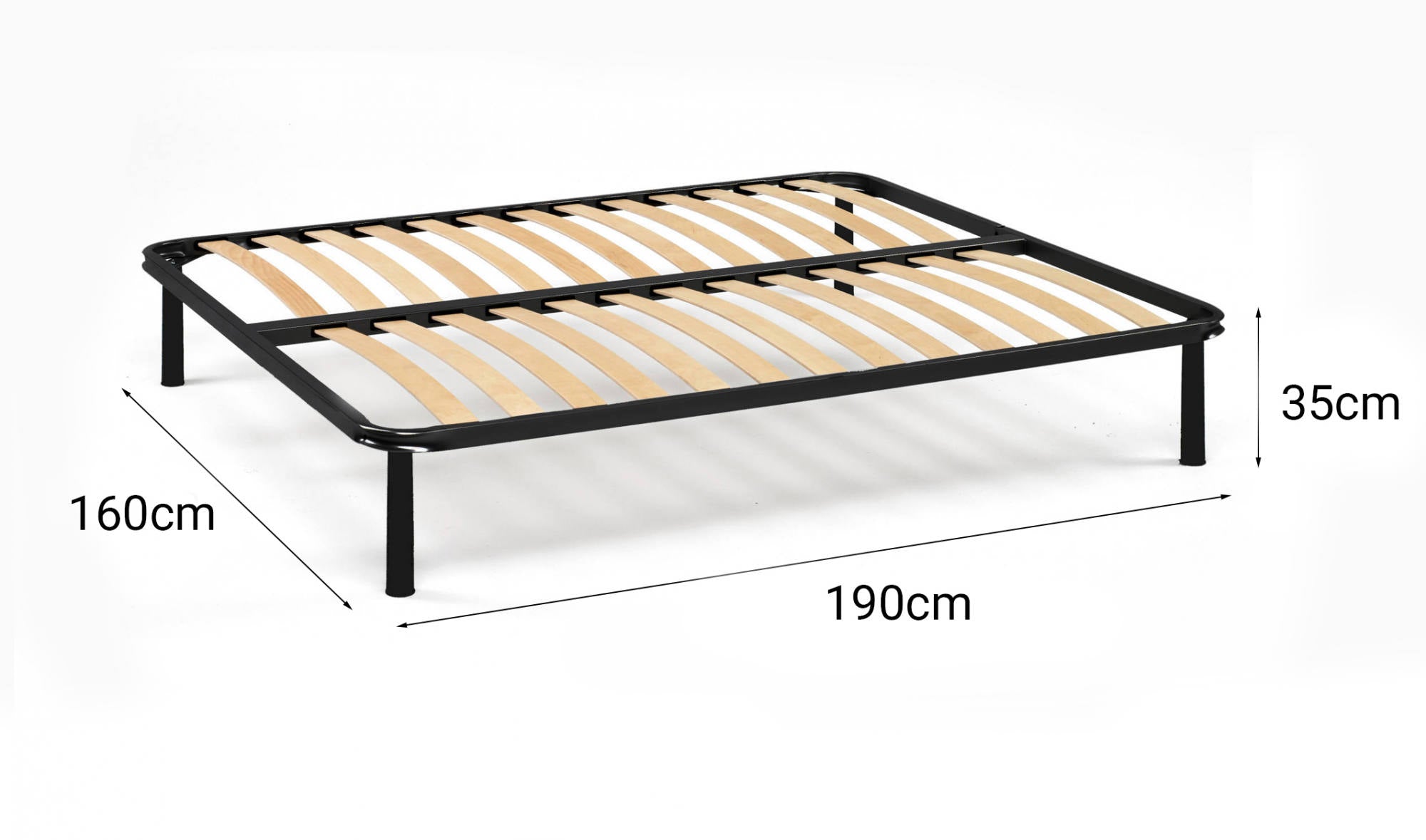 Rete letto matrimoniale 0, Rete ortopedica a 13 doghe , Struttura in metallo nero, con piedini inclusi, Cm 160x190h35