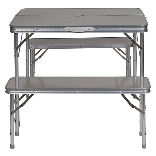 Set da campeggio e picnic richiudibile, struttura alluminio e plastica, colore grigio, Misure tavolo 60 x 71 x 90 cm, Misure panchine 87 x 38 x 23 cm