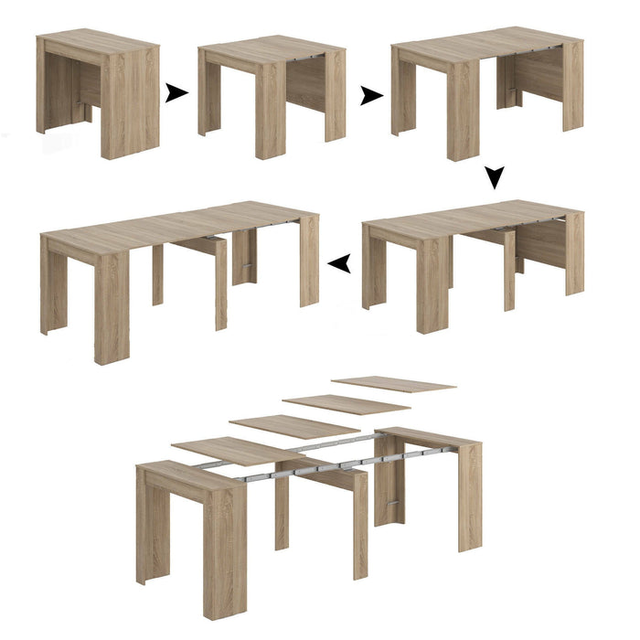 Consolle Abicitren, Tavolo da pranzo allungabile, Tavolo con allunghe multiuso estensibile fino a 10 posti, cm 51/237x90h78, Rovere
