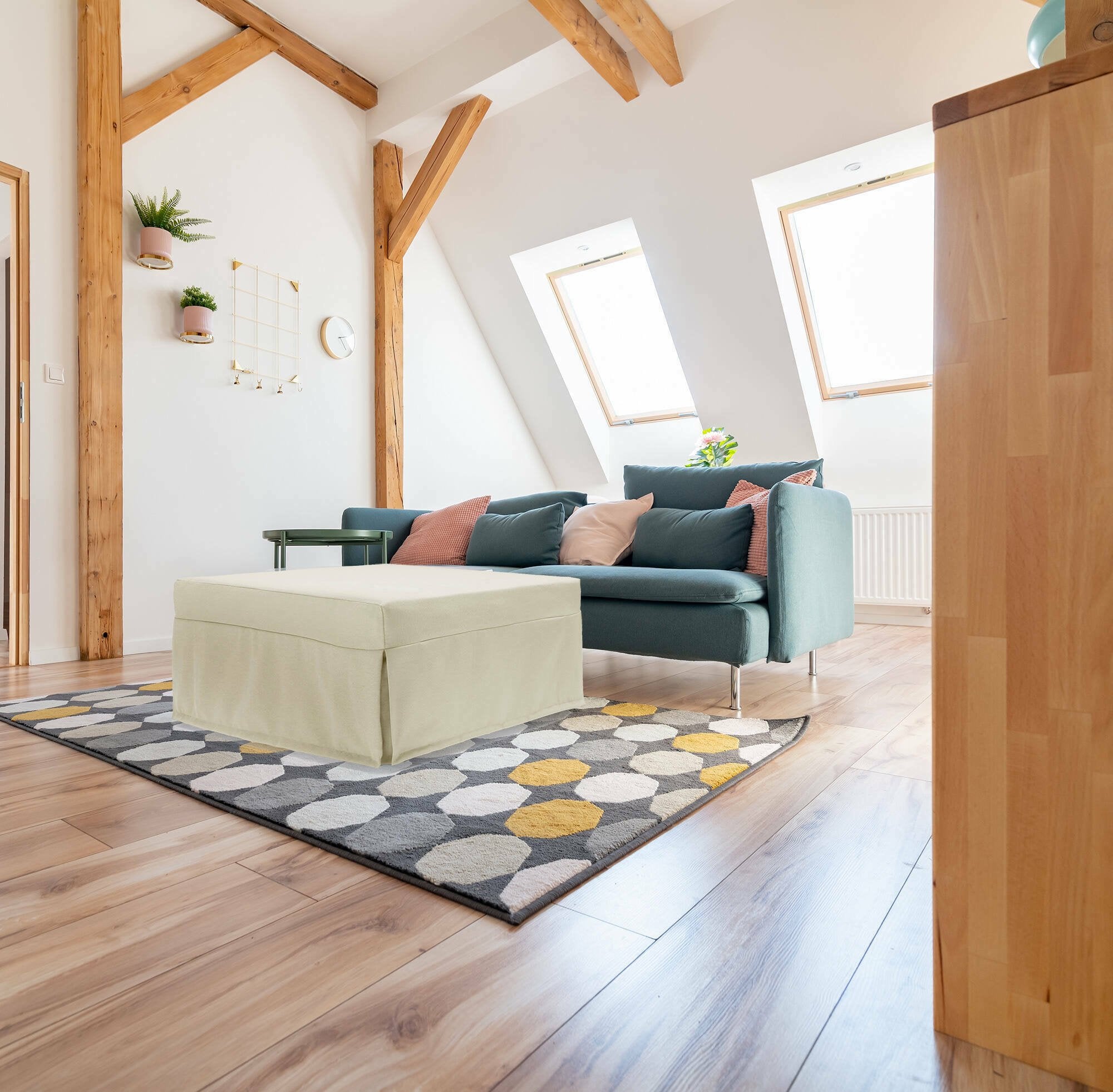 Letto pieghevole Abak, Pouf trasformabile in letto singolo, 100% Made in Italy, Pouf in tessuto da soggiorno, cm 80x80h45, Panna