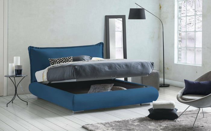 Letto matrimoniale Geras, Letto contenitore con rivestimento e testata in tessuto, Made in Italy, Apertura frontale, adatto per materasso 160x190 cm, Blu