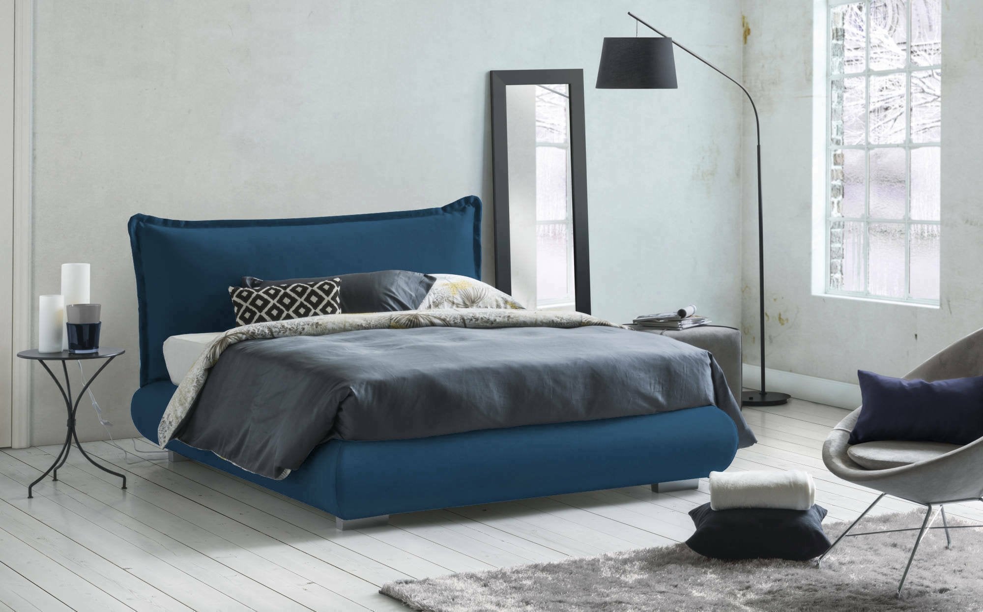 Letto matrimoniale Geras, Letto contenitore con rivestimento e testata in tessuto, Made in Italy, Apertura frontale, adatto per materasso 160x190 cm, Blu