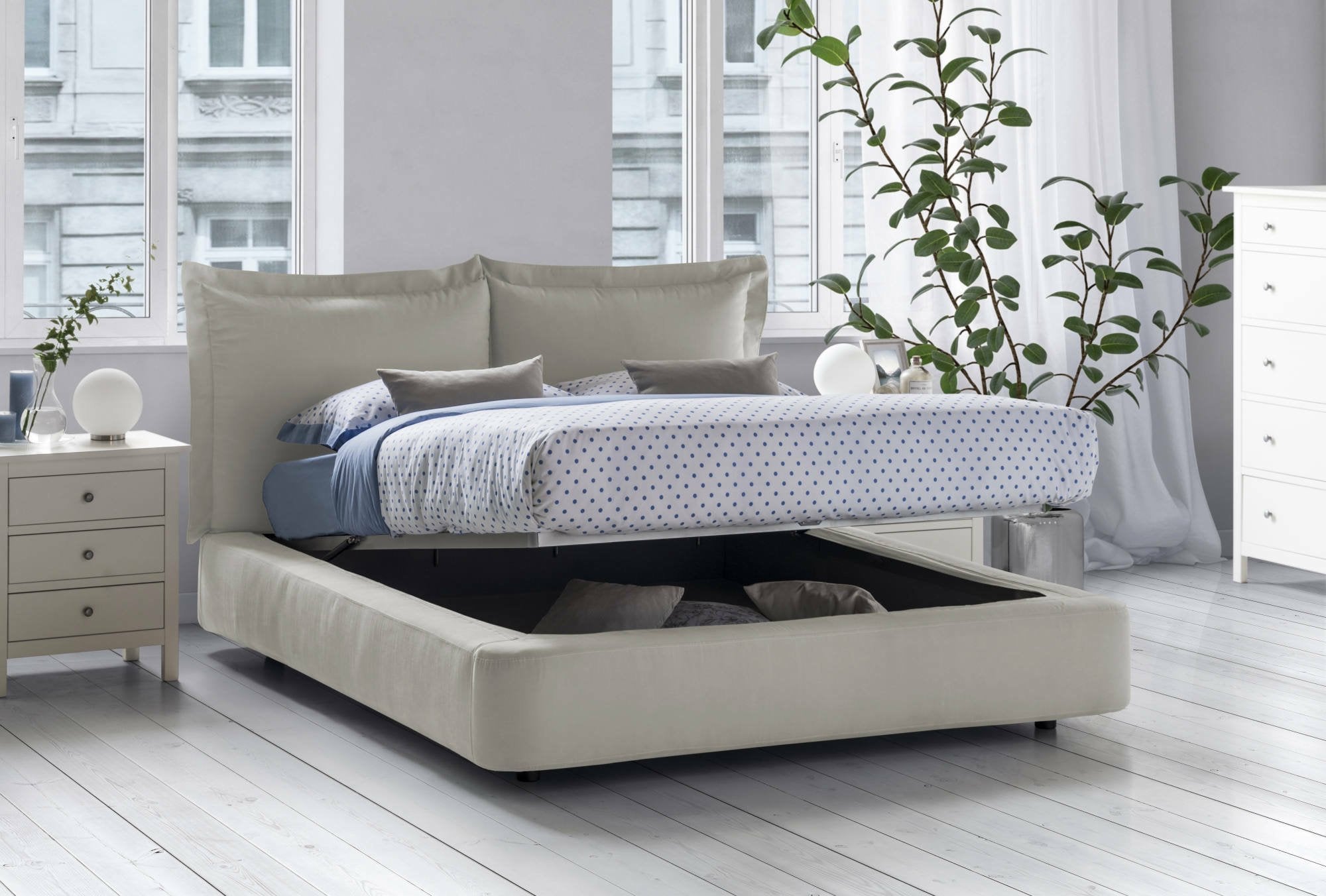 Letto matrimoniale Adi, Letto contenitore con rivestimento in tessuto, Made in Italy, Apertura frontale, adatto per materasso 160x190 cm, Beige