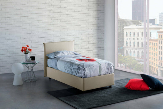 Letto singolo Argentino, Letto contenitore con rivestimento in tessuto, Made in Italy, Apertura frontale, adatto per materasso cm 80x190, Beige