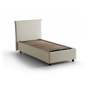 Letto singolo Argentino, Letto contenitore con rivestimento in tessuto, Made in Italy, Apertura frontale, adatto per materasso cm 80x190, Beige