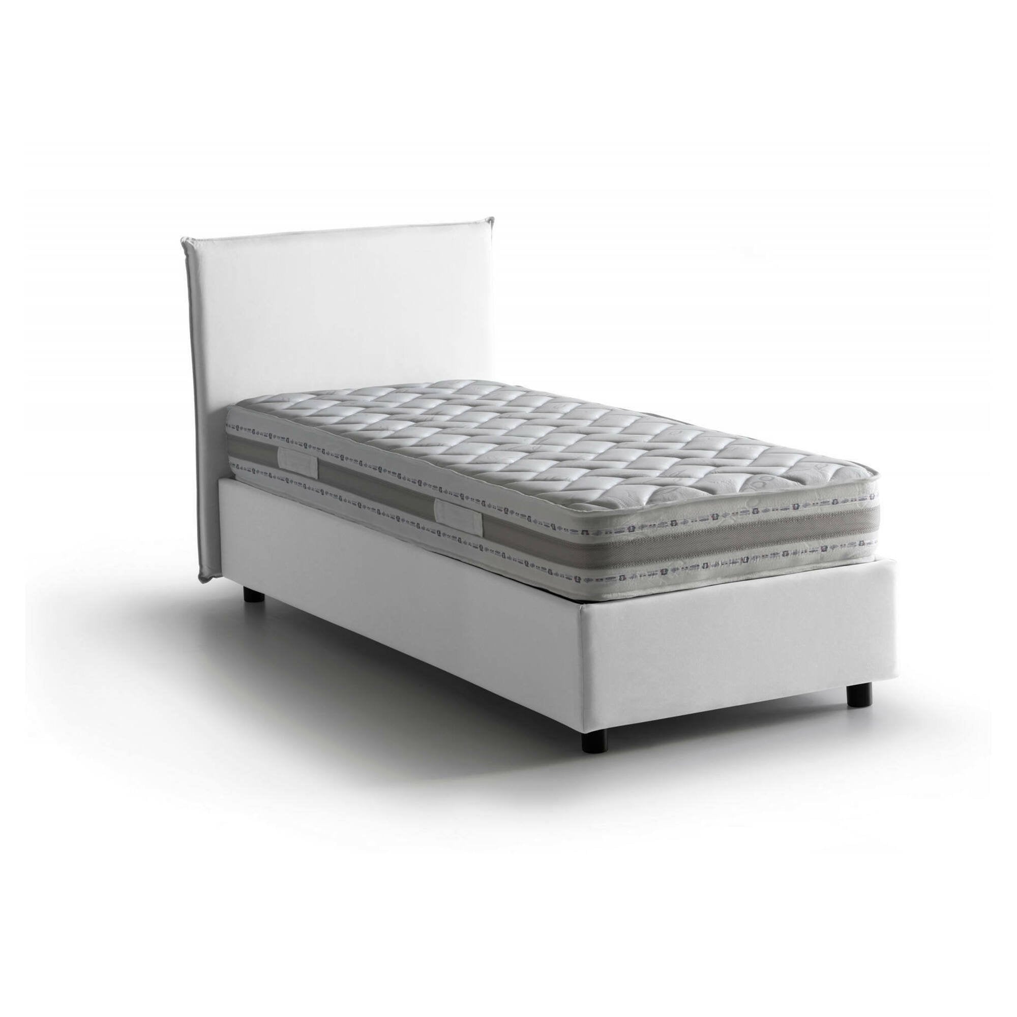 Letto singolo Aquilla, Letto contenitore con rivestimento in tessuto, Made in Italy, Apertura frontale, con materasso cm 80x190 incluso, Bianco